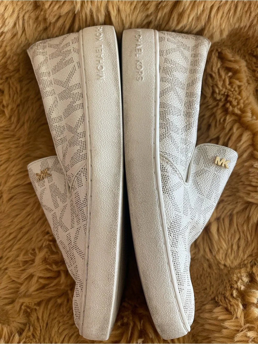 Michael Kors White and Gold MK Logo Slip-On Sneakers